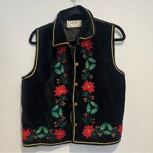 TANTRUMS Womens Christmas Vest Medium Black Floral Embroidered Button Up V-Neck
